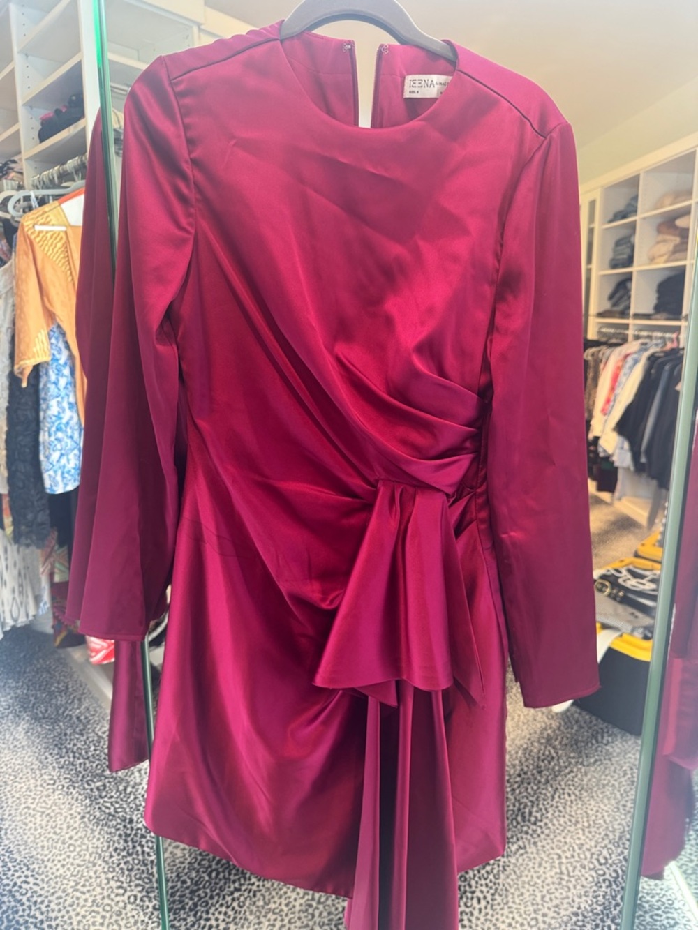 Seena Deep Burgundy Long-Sleeve Satin Wrap Dress with Side Drape